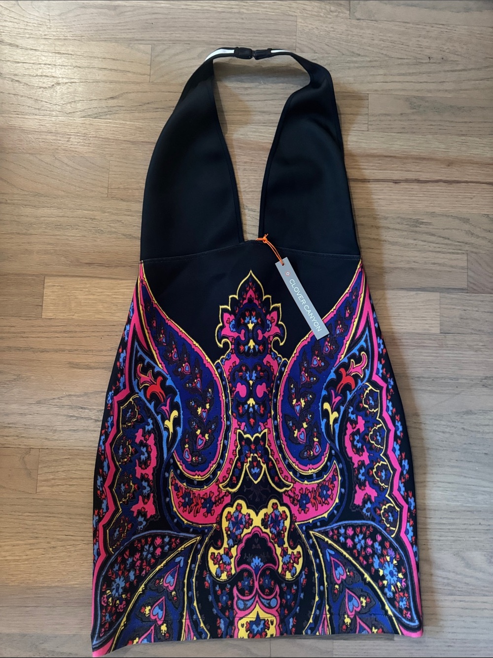 Clover Canyon Black Halter Mini Dress with Pink, Purple & Yellow Paisley
